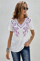 Women's Women White Purple Floral Embroidery V Neck Short Sleeve T-Shirt