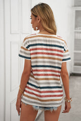 Women's Multicolor Stripes Short Sleeve V Neck T-shirt