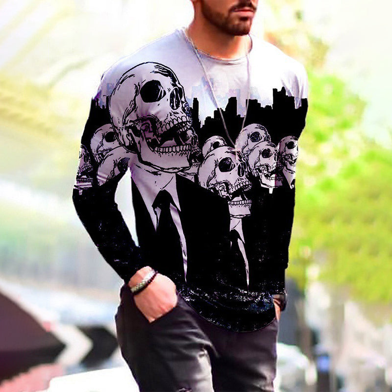 Crew Neck Halloween Skull Print Long Sleeve T-Shirt